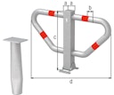 Alberts® Parkplatzbügel Stoppy I umlegb.,Dreik.,fvz.,4 rote Ringe,z.Aufschr.,B750mm 770150