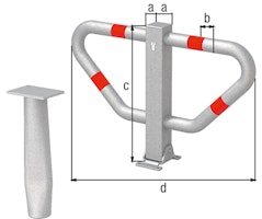 Alberts® Parkplatzbügel Stoppy I umlegb.,Dreik.,fvz.,4 rote Ringe,z.Einb.,B750mm 770136