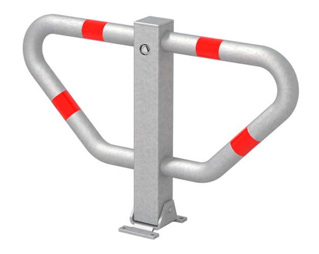 Alberts® Parkplatzbügel Stoppy I umlegb.,Dreik.,fvz.,4 rote Ringe,z.Aufschr.,B750mm 770150