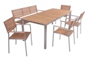 Garden Pleasure Gartenmöbel Set DALLAS / DENVER 01, Tisch 200 x 90 + Bank + 4 Stapelsessel, Edelstahl / Teak