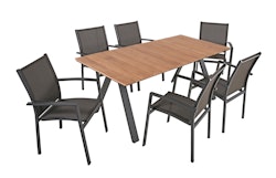 Garden Pleasure Gartenmöbel Set DAVINA / ELENA 06, Tisch 180 x 90 +  6 Stapelsessel, Aluminium / Teak / Kunststoffgewebe