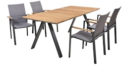 Garden Pleasure Gartenmöbel Set DAVINA 01, Tisch 180 x 90 +  4 Stapelsessel, Aluminium / Teak / Kunststoffgewebe