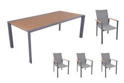 Garden Pleasure Gartenmöbel Set SILEA / DAVINA 03, Tisch 200 x 100 + 4 Stapelsessel, Aluminium / Nonwood / Kunststoffgewebe