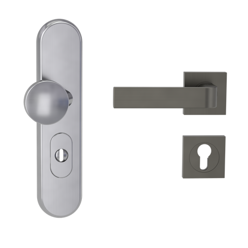 Griffwerk TITANO Kombi SB_882 ES1 (S2) -Edelstahl matt Kombi-Schutzbeschlag -Knopf/Drücker -mit Griff DESM GRAPH -Kaschmirgrau-eckig -L -ZA, 72mm -TS 38-50
