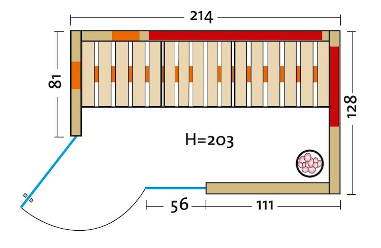 Infraworld Infrarotkabine TrioSol Sera Eckeinstieg links (Flächenheizungselemente in rot)