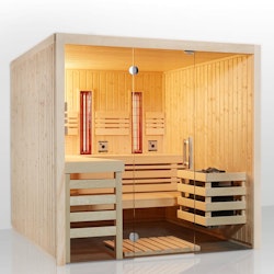Infraworld Sauna Panorama Complete Fichte - 75 mm Multifunktionssauna inkl. 5-teiligem gratis Zubehörset
