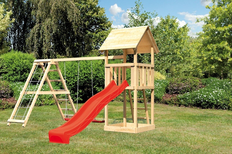 Akubi Kinderspielturm Lotti inkl. Wellenrutsche und Doppelschaukelanbau mit Klettergerüst (Set C)