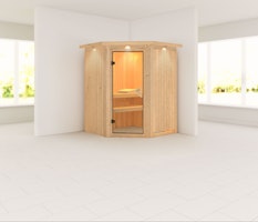 Karibu Sauna Larin mit Eckeinstieg 68 mm inkl. 9-teiligem gratis Zubehörpaket