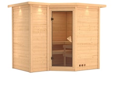 Karibu Sauna Sahib 2-Massivholzsauna 38 mm -Eckeinstieg - Exklusivoptik inkl. 9-teiligem gratis Zubehörpaket