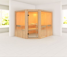 Karibu Sauna Malin mit Eckeinstieg 68 mm inkl. 9-teiligem gratis Zubehörpaket