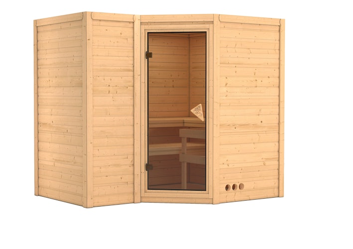 Karibu Sauna Sahib 2-Massivholzsauna 38 mm -Eckeinstieg - Exklusivoptik inkl. 8-teiligem gratis Zubehörpaket (Gesamtwert 191,92€)