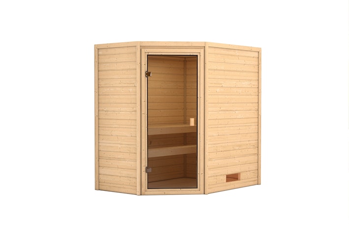 Karibu Woodfeeling Sauna Svea - 38 mm Massivholz Aktionssauna inkl. gratis Saunaofen & 8-teiligem Zubehörpaket (Gesamtwert 1071,91€) Bild