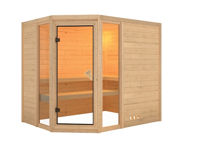 Karibu Sauna Sinai 3 - Massivholzsauna mit Eckeinstieg 38 mm inkl. gratis Saunaofen & 8-teiligem Zubehörpaket (Gesamtwert 1071,91€) Bild