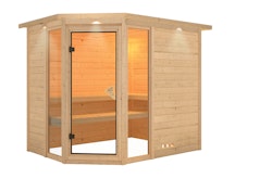 Karibu Sauna Sinai 3 - Massivholzsauna mit Eckeinstieg 38 mm inkl. 9-teiligem gratis Zubehörpaket