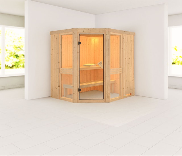 Karibu Amelia 1 - Sauna mit Eckeinstieg 68 mm inkl. 9-teiligem gratis Zubehörpaket Vorschaubild Galerie