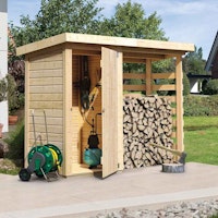 Karibu Gerätehaus Lohmi mit Feuerholz-Anbau - 14 mm - Aktionsangebot