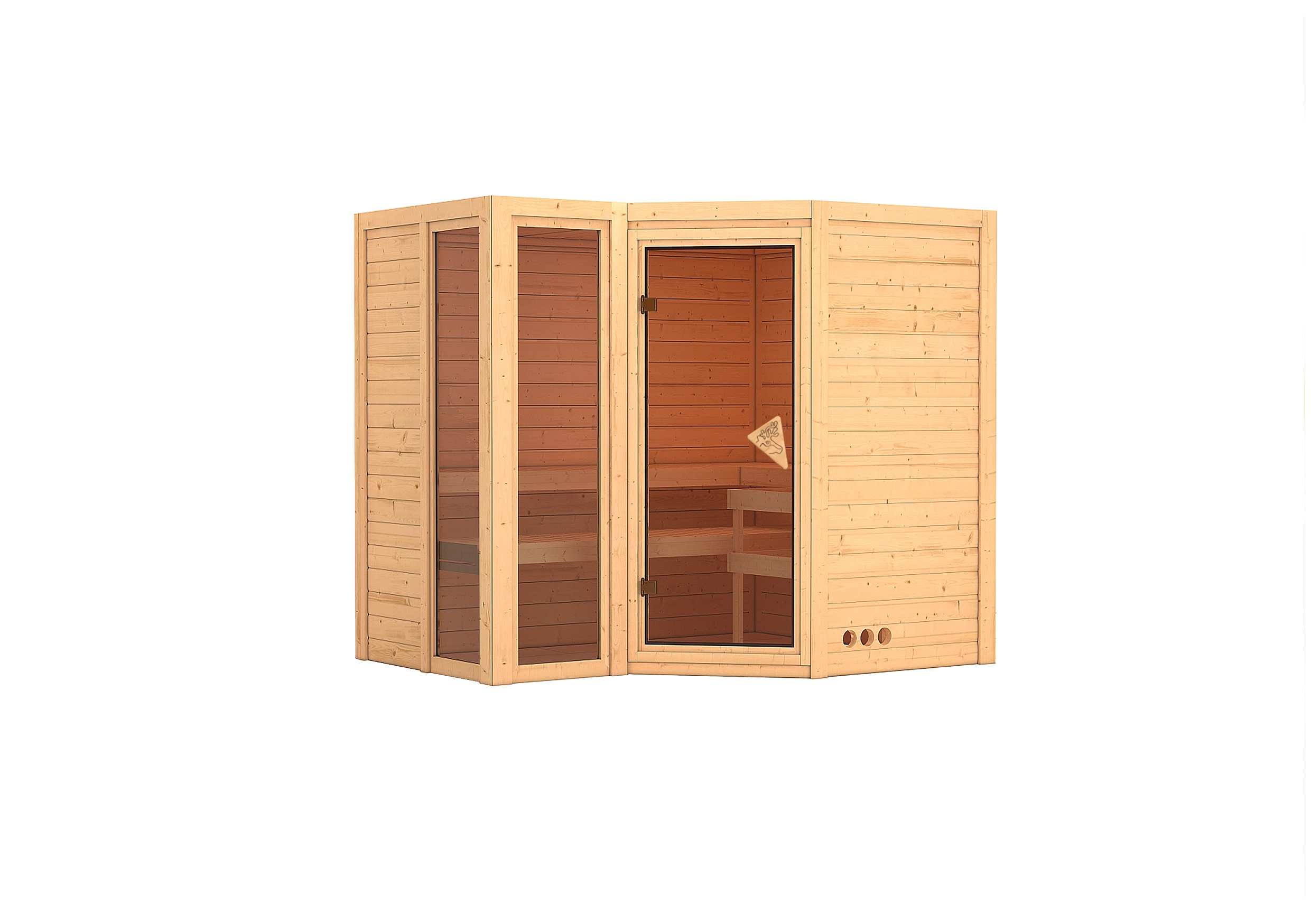 Vorschaubild Galerie Karibu Sauna Amara-Massivholzsauna 38 mm -Eckeinstieg - Exklusivoptik inkl. 9-teiligem gratis Zubehörpaket