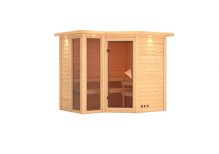 Karibu Sauna Amara-Massivholzsauna 38 mm -Eckeinstieg - Exklusivoptik inkl. gratis Saunaofen & 8-teiligem Zubehörpaket (Gesamtwert 741,91€) Bild