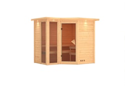 Karibu Sauna Amara-Massivholzsauna 38 mm -Eckeinstieg - Exklusivoptik inkl. 9-teiligem gratis Zubehörpaket
