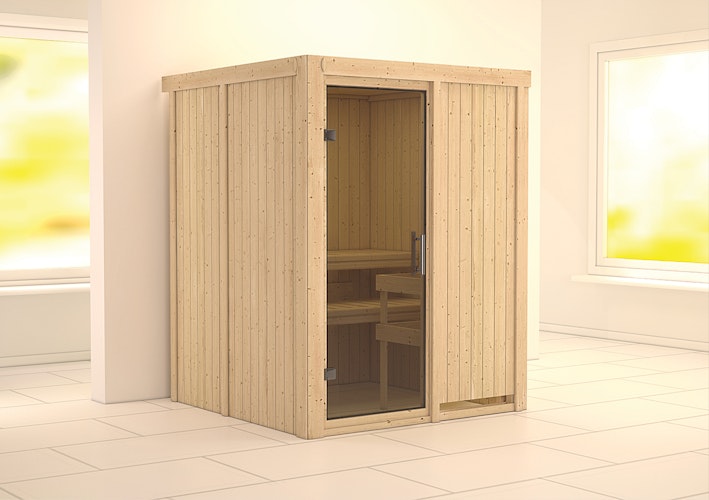 Karibu Sauna Norin mit Fronteinstieg 68 mm inkl. gratis Saunaofen & 8-teiligem Zubehörpaket (Gesamtwert 1071,91€) Bild