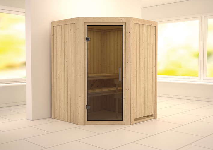 Karibu Sauna Larin mit Eckeinstieg 68 mm inkl. gratis Saunaofen & 8-teiligem Zubehörpaket (Gesamtwert 741,91€) Bild