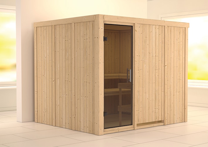 Karibu Sauna Gobin mit Fronteinstieg 68 mm inkl. gratis Saunaofen & 8-teiligem Zubehörpaket (Gesamtwert 741,91€)