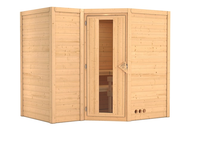 Karibu Sauna Sahib 2-Massivholzsauna 38 mm -Eckeinstieg - Exklusivoptik inkl. gratis Saunaofen & 8-teiligem Zubehörpaket (Gesamtwert 1071,91€) Bild