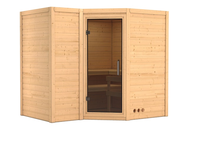 Karibu Sauna Sahib 2-Massivholzsauna 38 mm -Eckeinstieg - Exklusivoptik inkl. gratis Saunaofen & 8-teiligem Zubehörpaket (Gesamtwert 741,91€) Bild