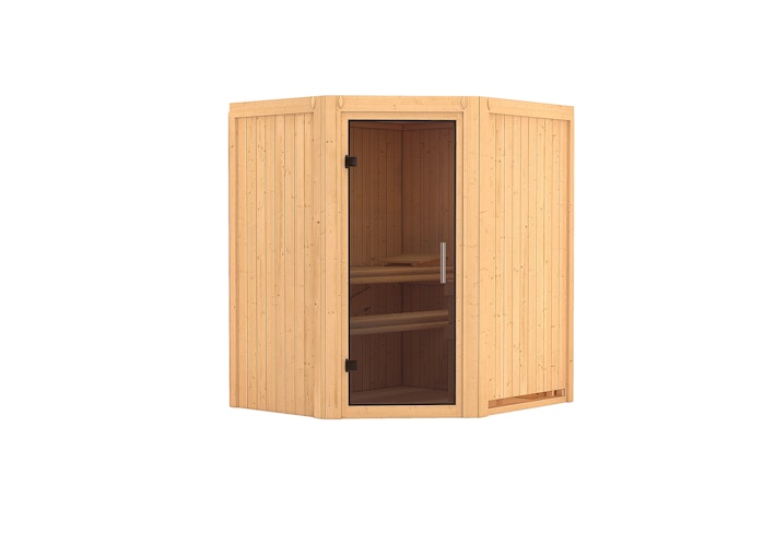 Karibu Sauna Taurin mit Eckeinstieg 68 mm inkl. gratis Saunaofen & 8-teiligem Zubehörpaket (Gesamtwert 741,91€)