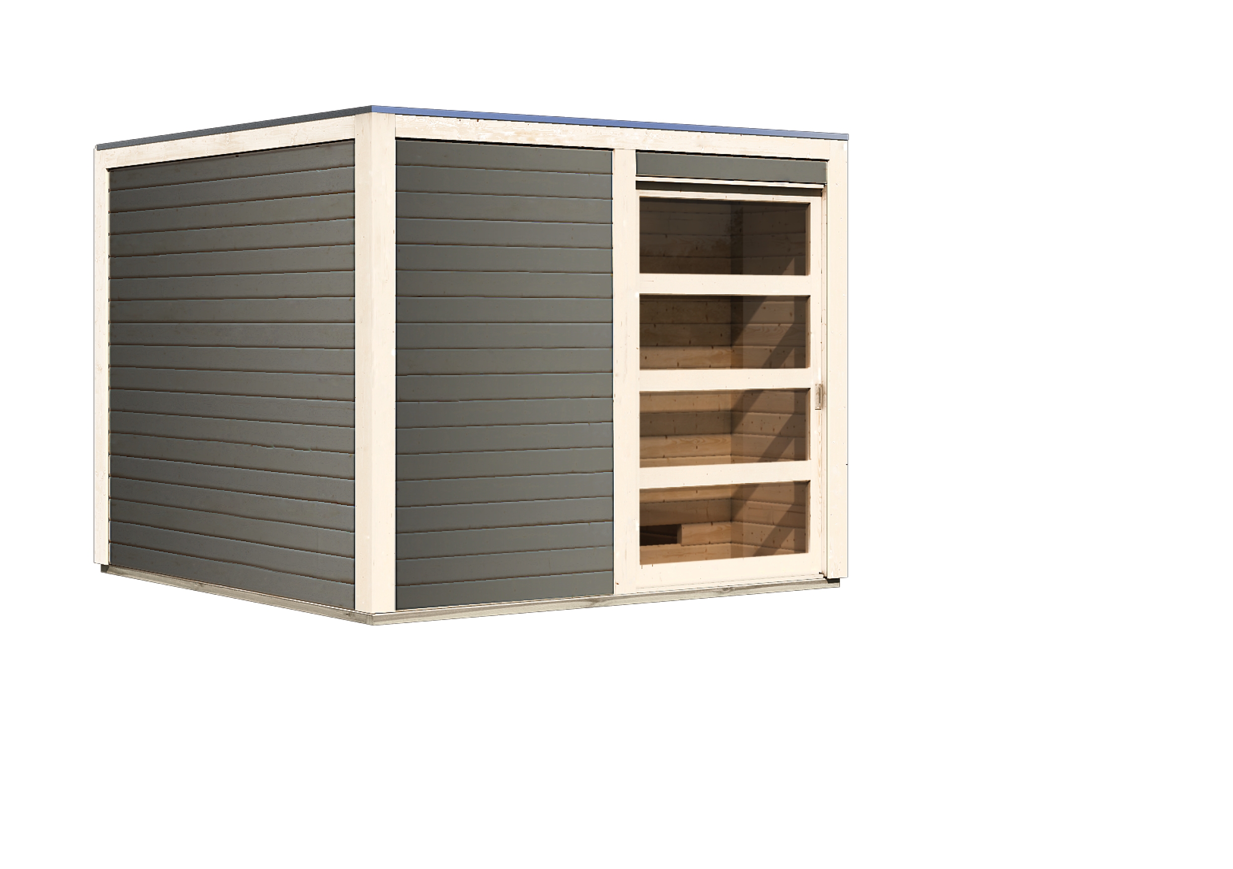 Vorschaubild Galerie Karibu Gartensauna Saunahaus Cuben inkl. Vorraum, terragrau inkl. 9-teiligem gratis Zubehörpaket