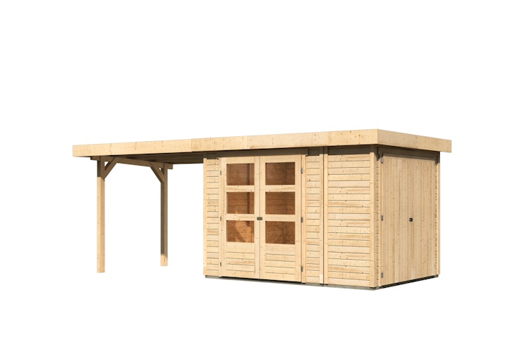 Karibu Woodfeeling Gartenhaus Retola 2/3/4/5/6 inkl. Anbauschrank u. 280 cm Schleppdach inkl. gratis Innenraum-Pflegebox im Wert von 99€