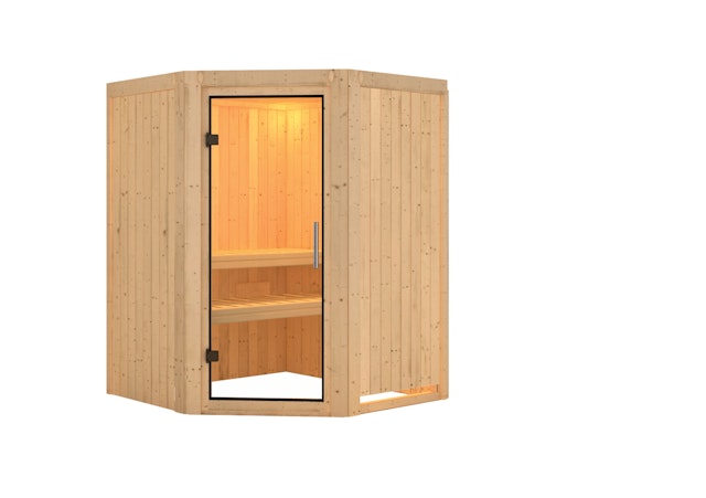 Karibu Sauna Larin mit Eckeinstieg 68 mm inkl. 9-teiligem gratis Zubehörpaket Vorschaubild Galerie