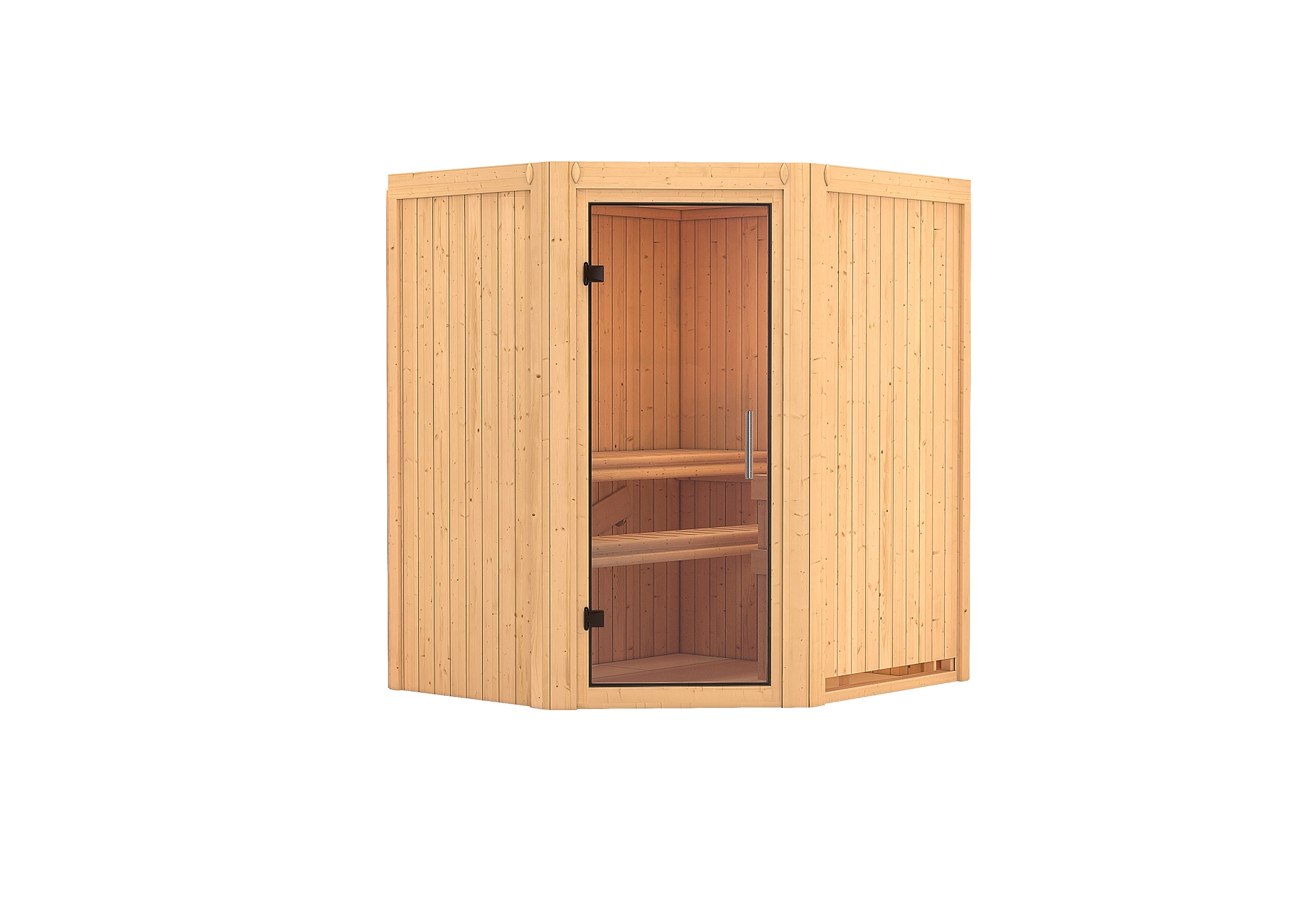 Vorschaubild Galerie Karibu Sauna Taurin mit Eckeinstieg 68 mm inkl. 9-teiligem gratis Zubehörpaket
