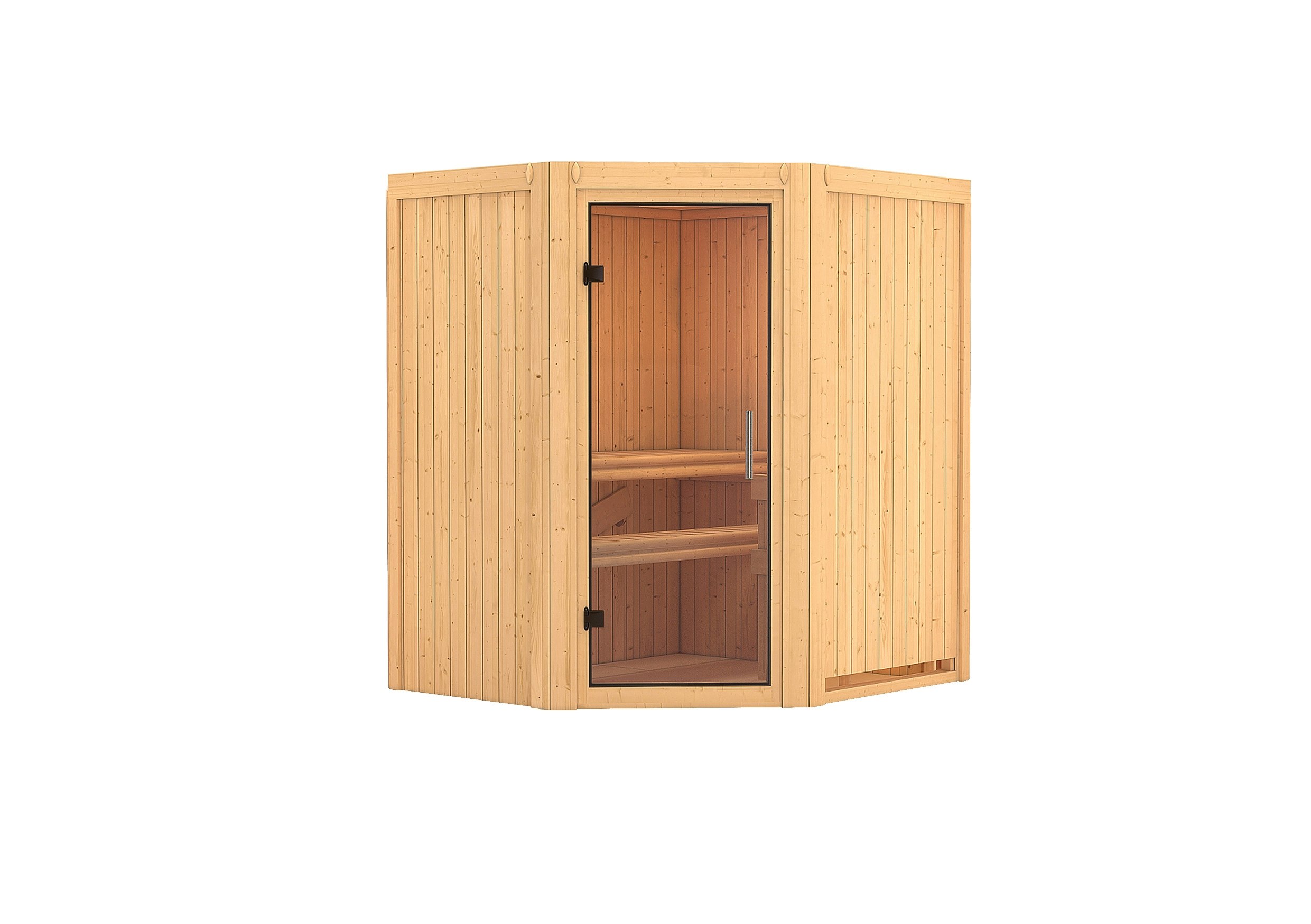 Karibu Sauna Taurin mit Eckeinstieg 68 mm inkl. 9-teiligem gratis Zubehörpaket