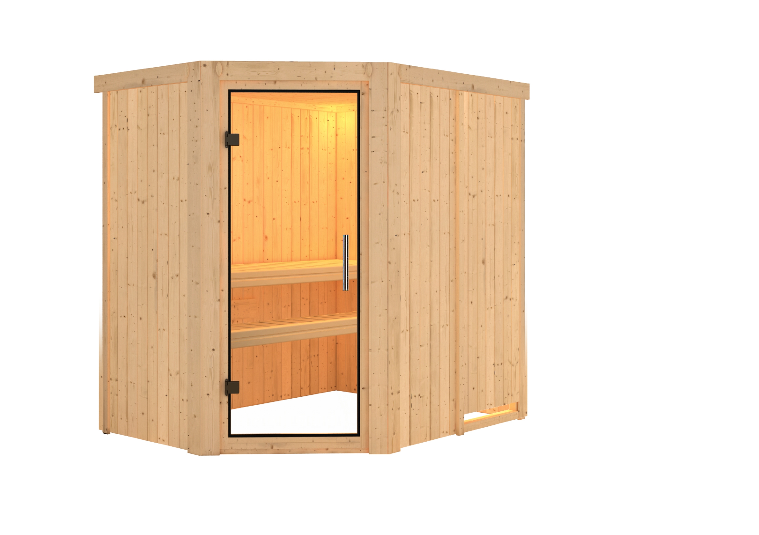 Vorschaubild Galerie Karibu Sauna Carin mit Eckeinstieg 68 mm inkl. 9-teiligem gratis Zubehörpaket