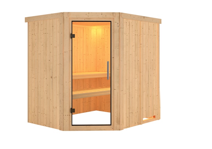 Karibu Sauna Siirin mit Eckeinstieg 68 mm inkl. gratis Saunaofen & 8-teiligem Zubehörpaket (Gesamtwert 741,91€) Bild