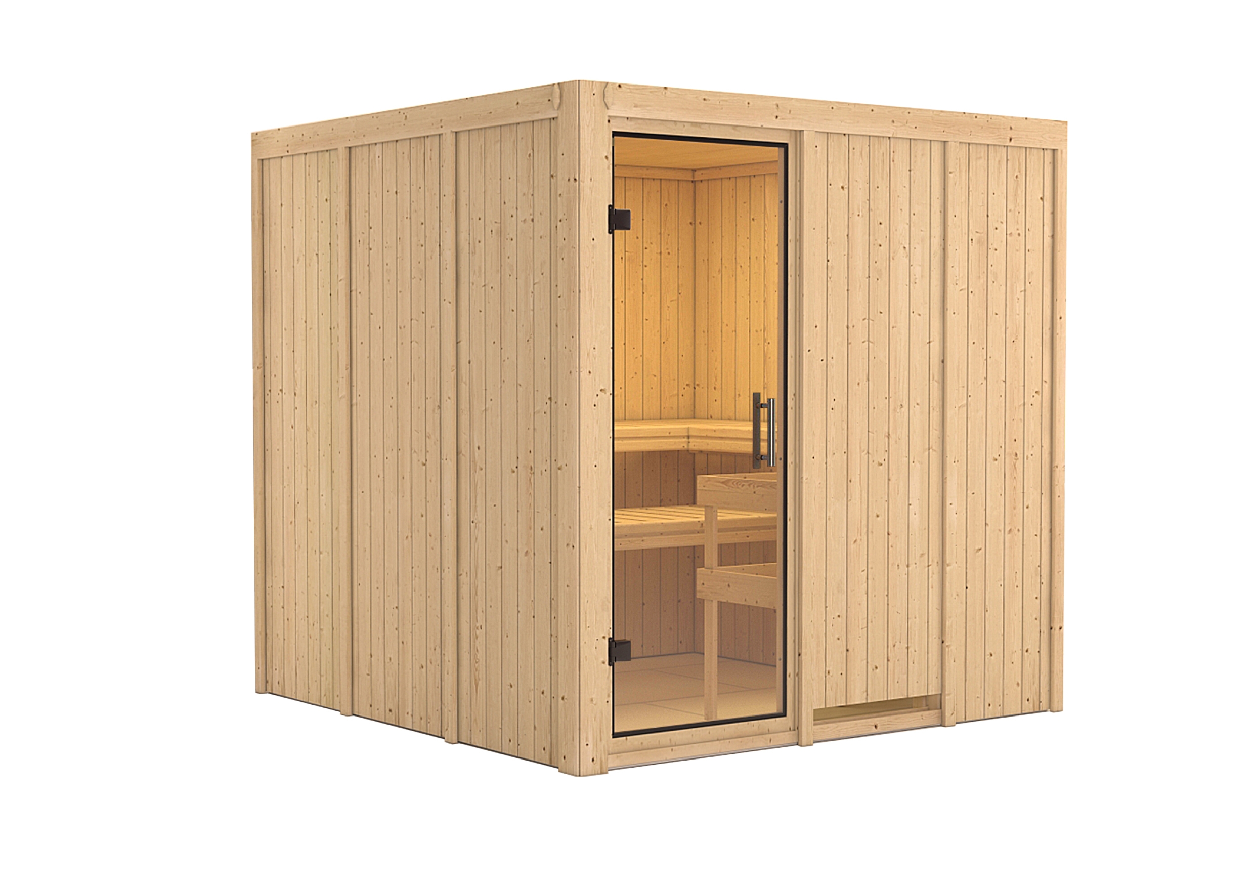 Vorschaubild Galerie Karibu Sauna Rodin mit Fronteinstieg 68 mm inkl. 9-teiligem gratis Zubehörpaket