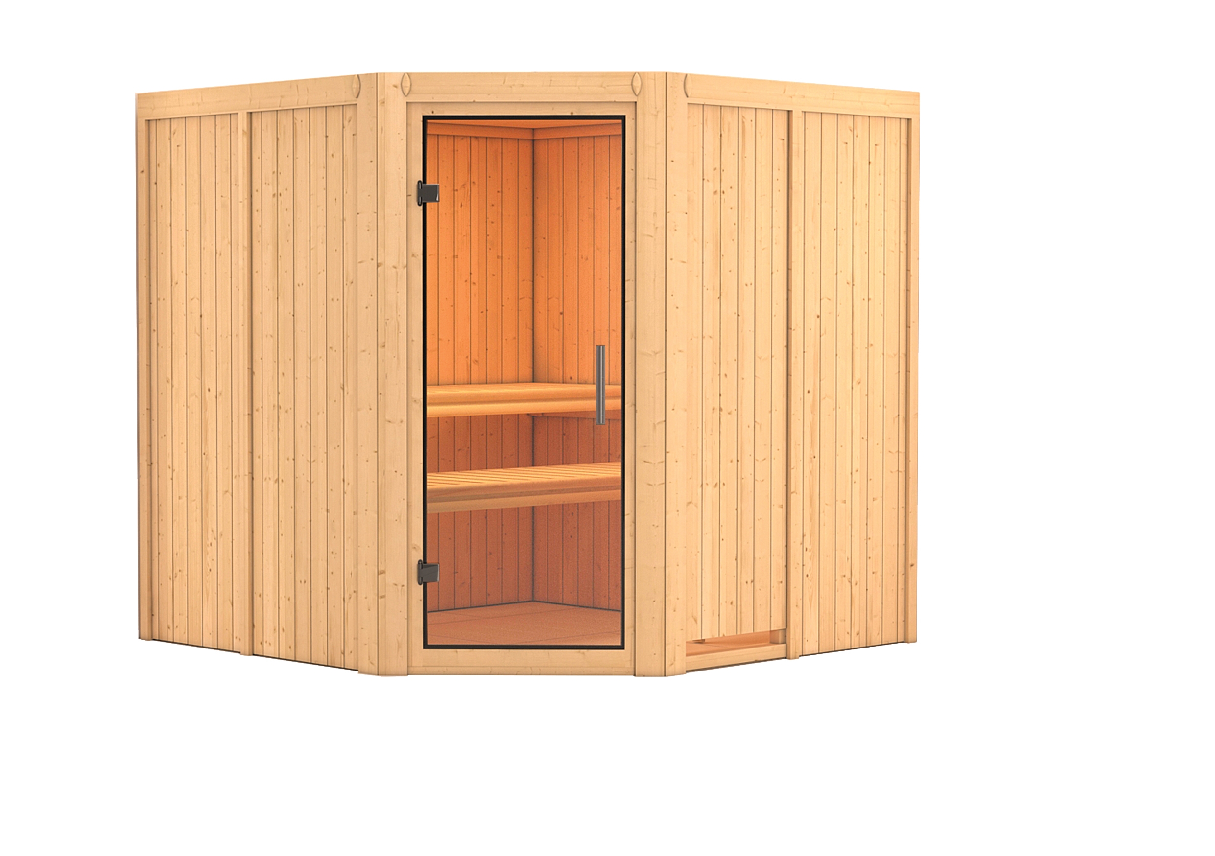 Vorschaubild Galerie Karibu Sauna Jarin mit Eckeinstieg 68 mm inkl. 9-teiligem gratis Zubehörpaket