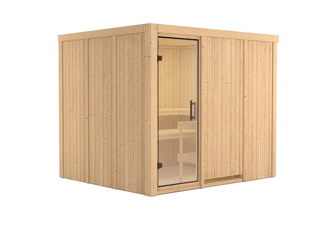 Karibu Sauna Gobin mit Fronteinstieg 68 mm inkl. 9-teiligem gratis Zubehörpaket Vorschaubild Galerie