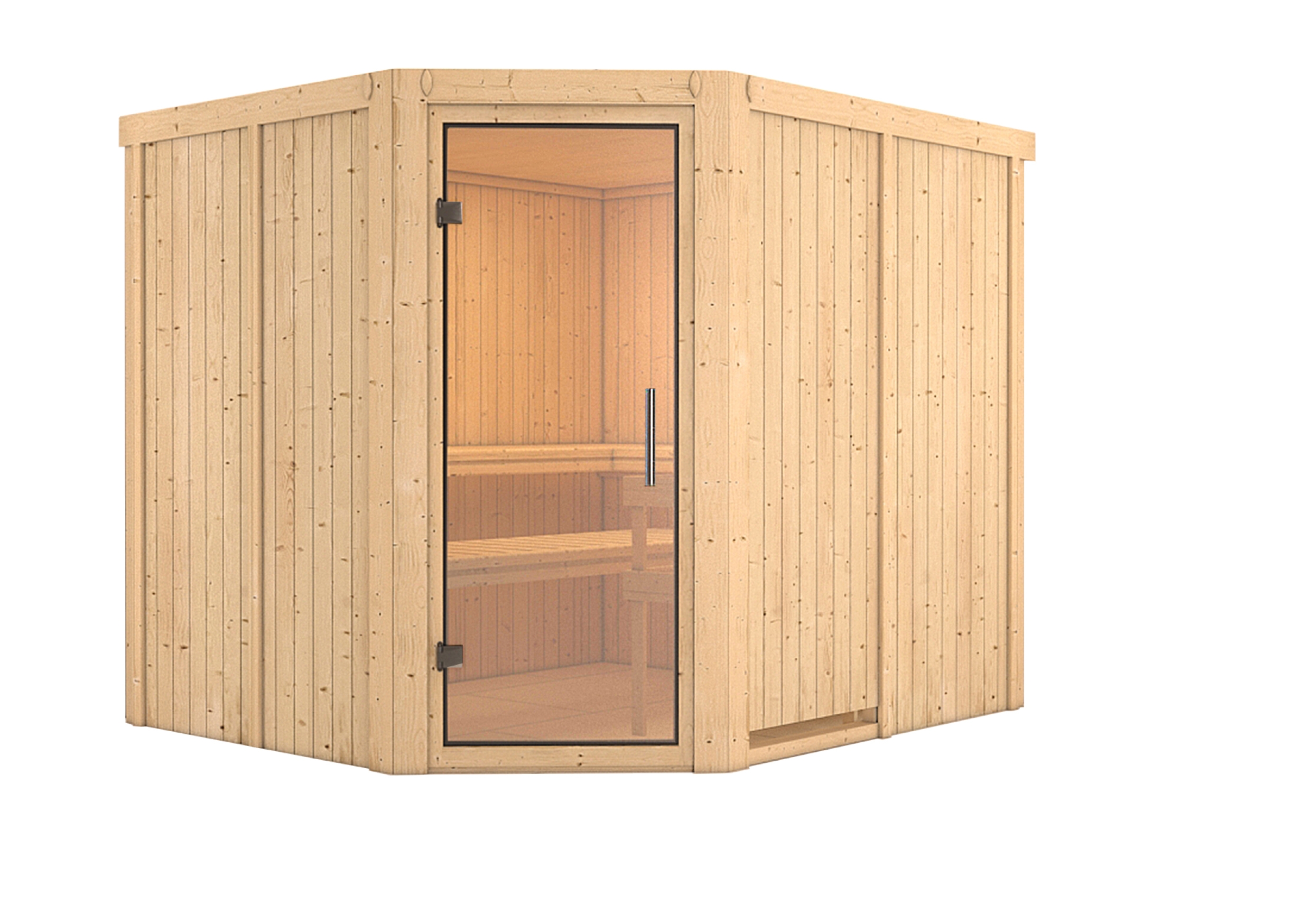 Vorschaubild Galerie Karibu Sauna Malin mit Eckeinstieg 68 mm inkl. 9-teiligem gratis Zubehörpaket