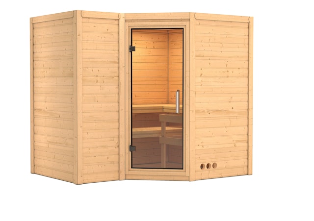 Karibu Sauna Sahib 2-Massivholzsauna 38 mm -Eckeinstieg - Exklusivoptik inkl. 9-teiligem gratis Zubehörpaket Vorschaubild Galerie