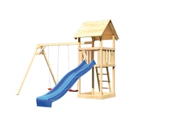 Akubi Kinderspielturm Lotti mit Satteldach inkl. Wellenrutsche und Doppelschaukelanbau (Set B) inkl. gratis Akubi Farbsystem & Kuscheltier