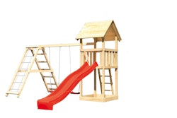 Akubi Kinderspielturm Lotti inkl. Wellenrutsche und Doppelschaukelanbau mit Klettergerüst (Set C) inkl. gratis Akubi Farbsystem & Kuscheltier