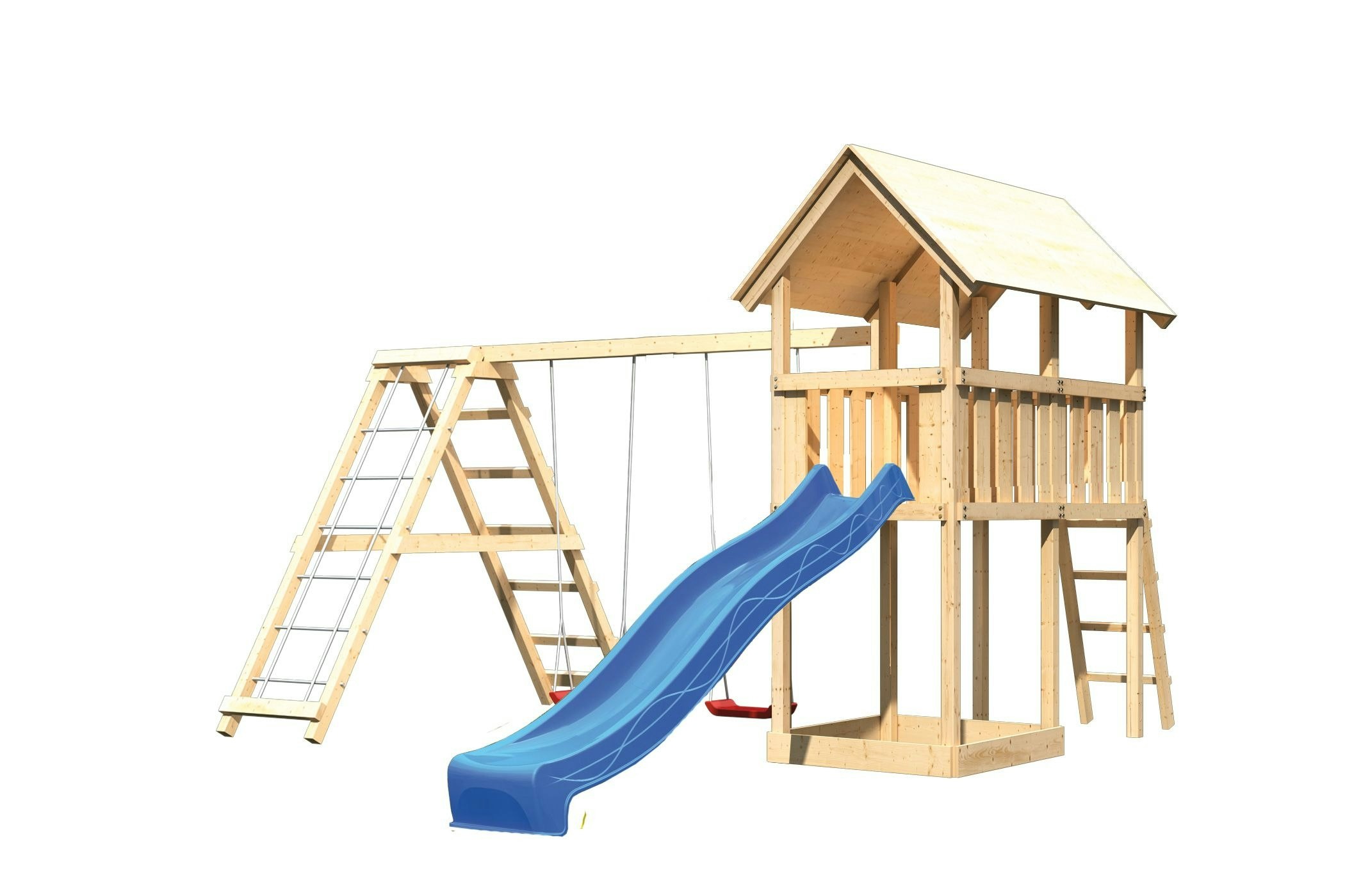 Akubi Kinderspielturm Danny inkl. Wellenrutsche und Doppelschaukelanbau mit Klettergerüst (Set C) inkl. gratis Zubehörset