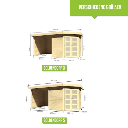 Karibu Gartenhaus Goldendorf 3/5 mit 240 cm Schleppdach + Seiten- und Rückwand - 19 mm