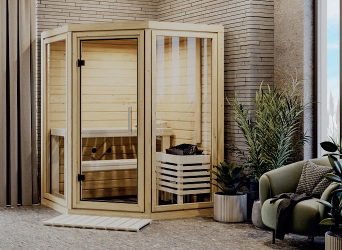 Karibu Sauna Yuma - Massivholzsauna mit Eckeinstieg 38 mm