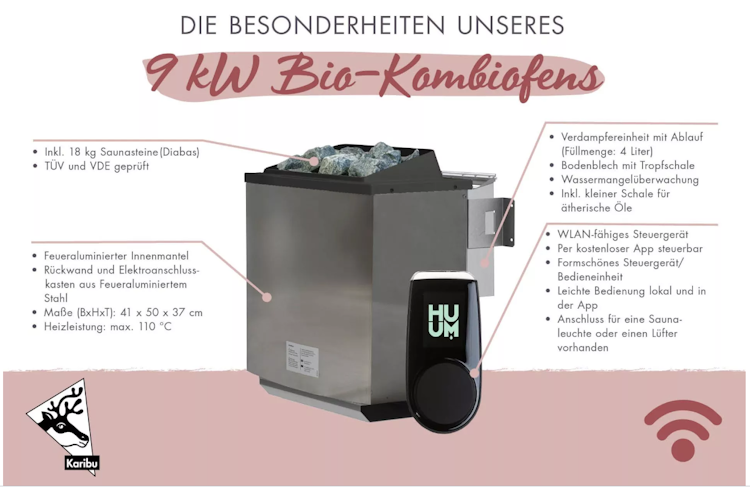 Karibu 9 kW Bio-Kombiofen anthrazit inkl. Huum WLAN Steuergerät mit App-Steuerung Bild