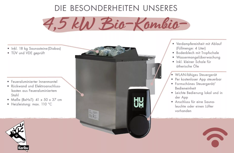 Karibu 4,5 kW Bio-Kombiofen anthrazit inkl. Huum WLAN Steuergerät mit App-Steuerung Bild