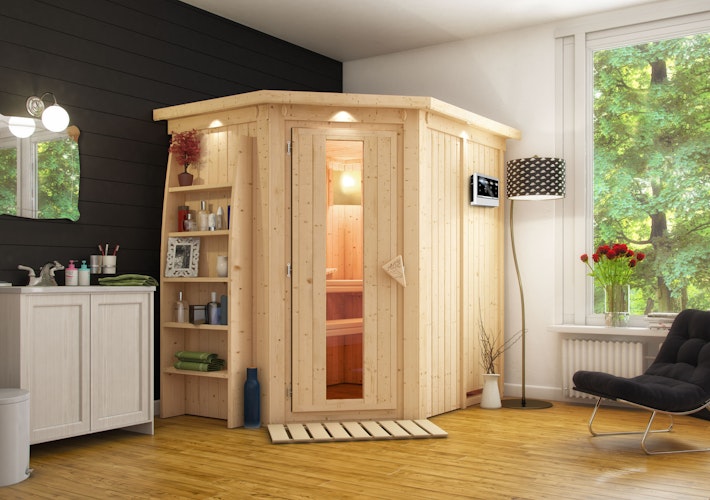 Karibu Sauna Carin mit Eckeinstieg 68 mm inkl. 8-teiligem gratis Zubehörpaket (Gesamtwert 191,92€)