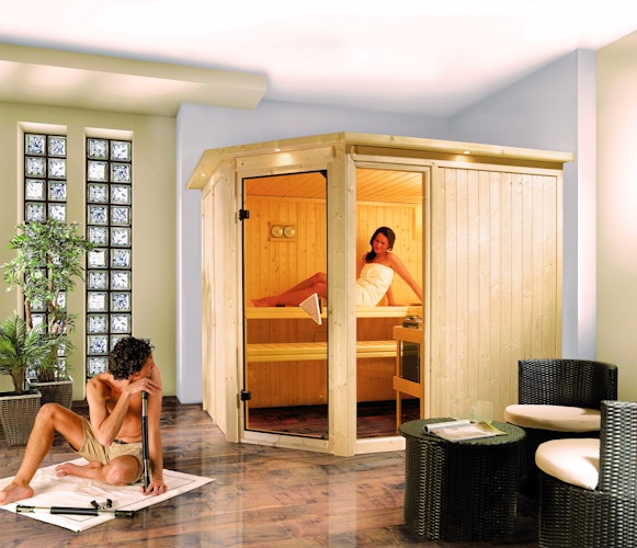 Karibu Sauna Fiona 3 mit Eckeinstieg 68 mm inkl. 8-teiligem gratis Zubehörpaket (Gesamtwert 191,92€)